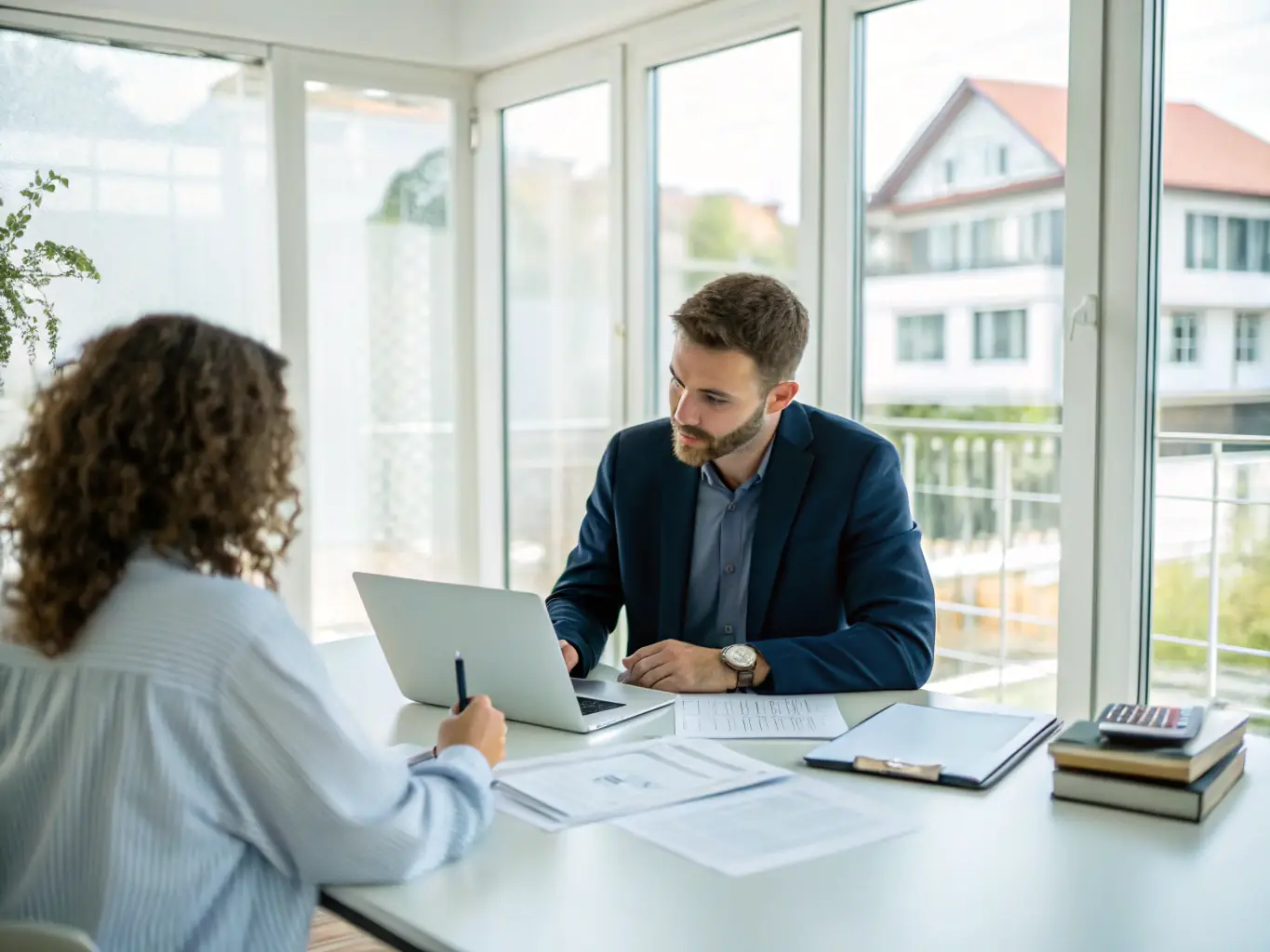 An image of a professional real estate advisor discussing property options with a client in a modern office setting, showcasing the Buyer Advocacy service.
