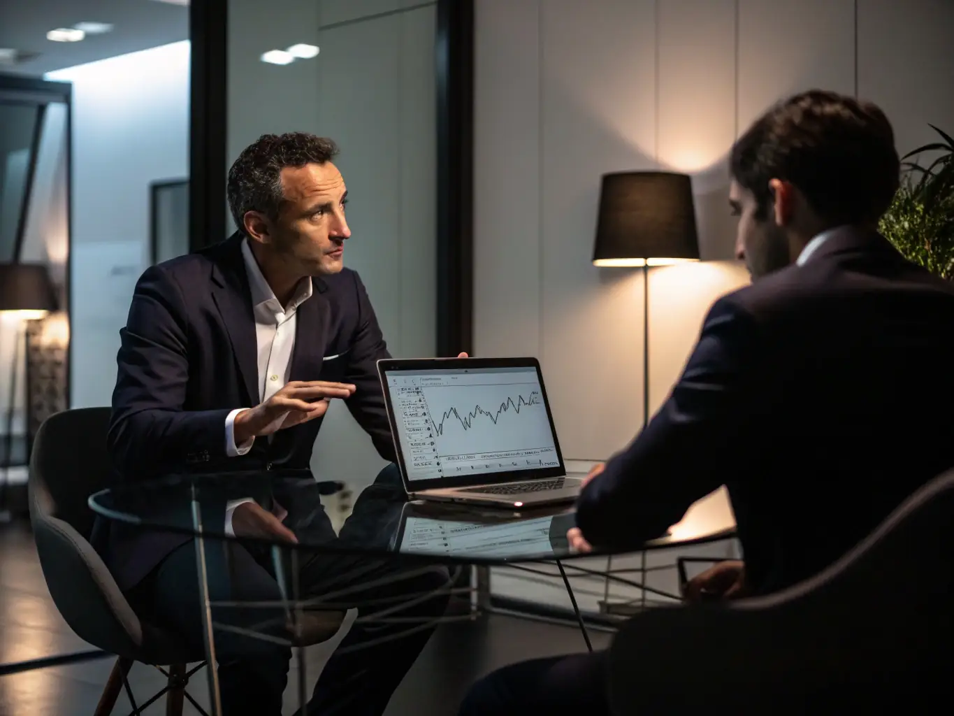 An image of a financial advisor presenting market data and investment strategies to a client, illustrating Investor Support & Market Insights.