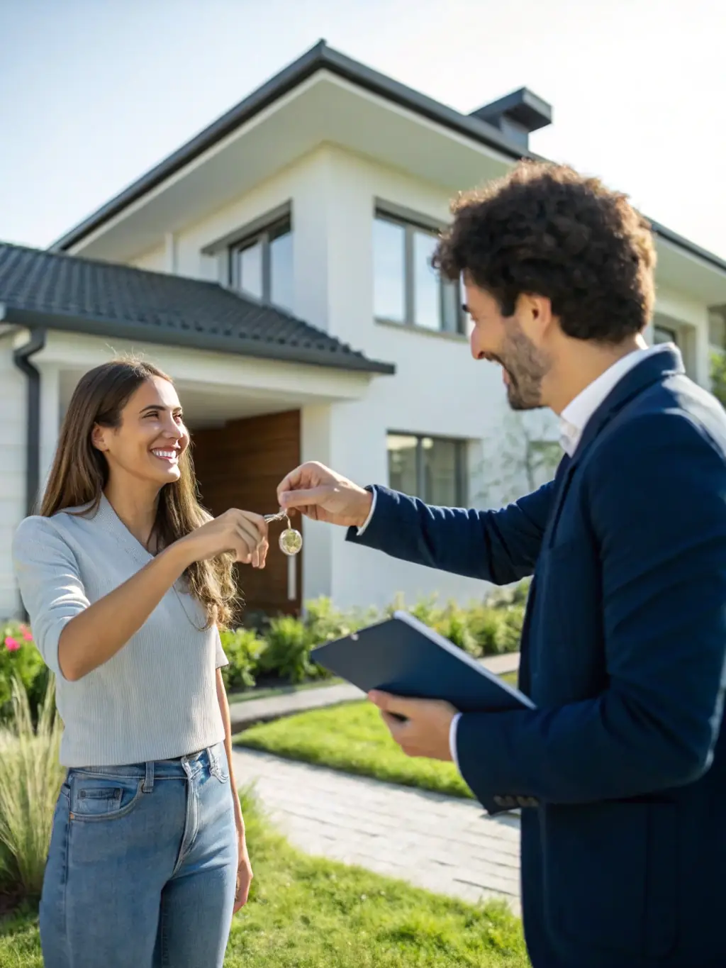A professional real estate agent handing over keys to a smiling new homeowner in front of their modern Sydney house, symbolizing successful buyer advocacy.