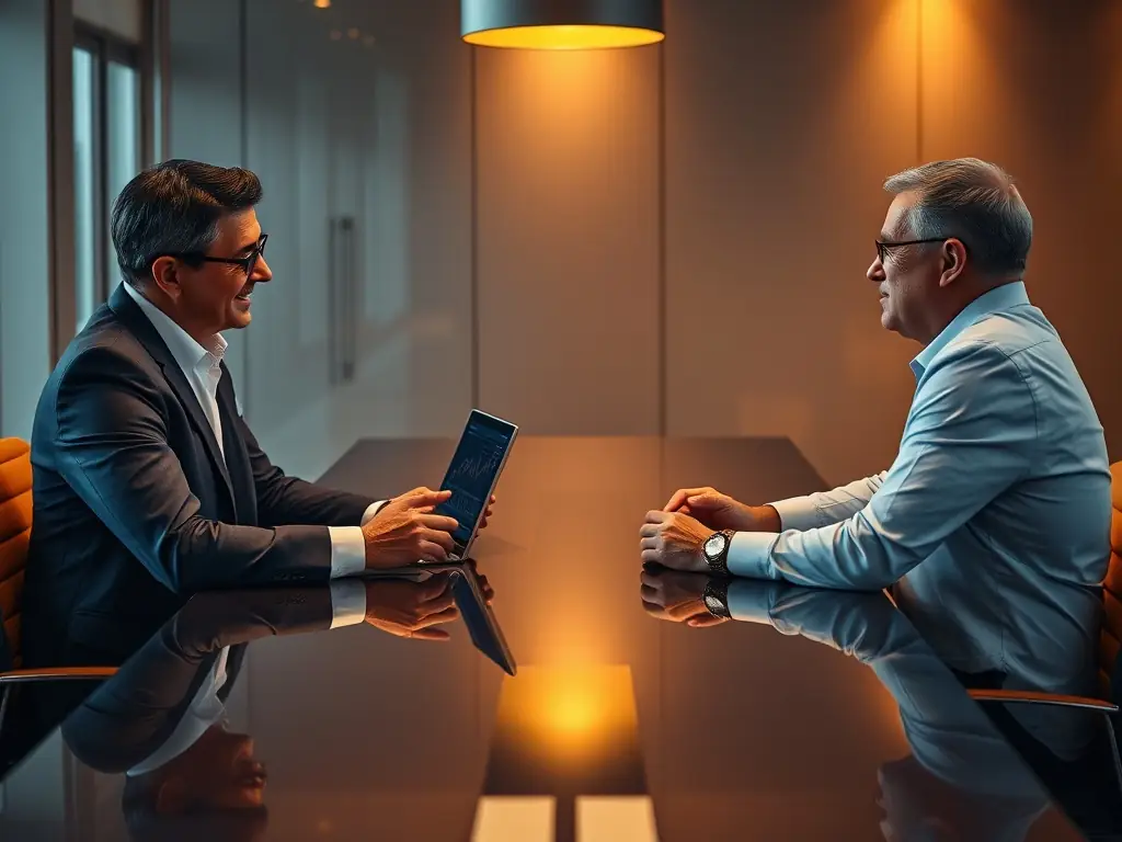 A graph showing investment growth, with a consultant explaining the data to an investor, representing investor support and market insights.