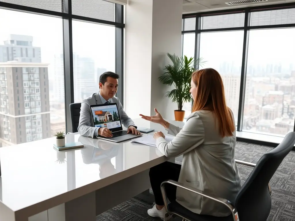 A professional real estate agent assisting a client with property documents in a modern office setting, symbolizing buyer advocacy.